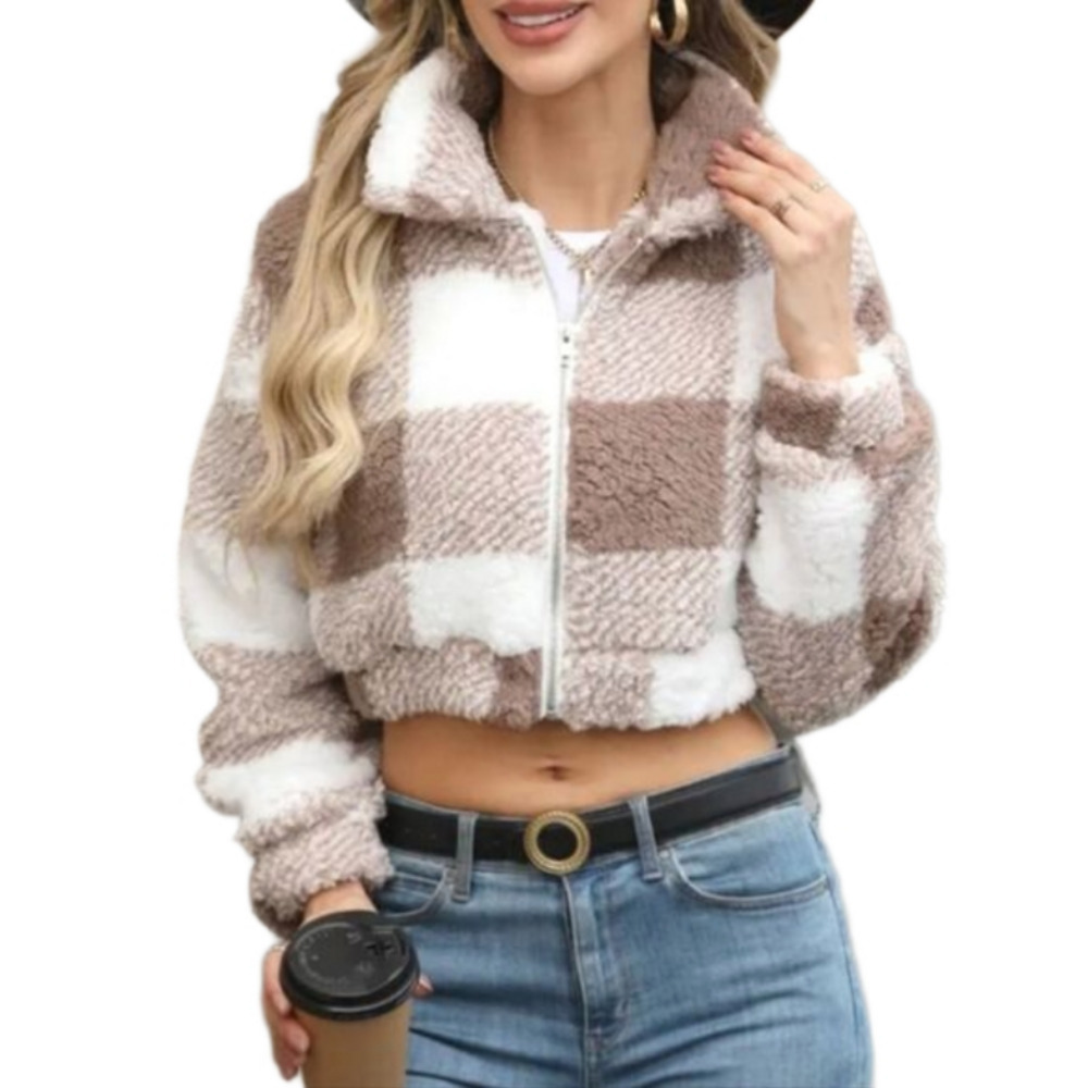 Ladies Plaid Cozy Crop Jacket Size X-large